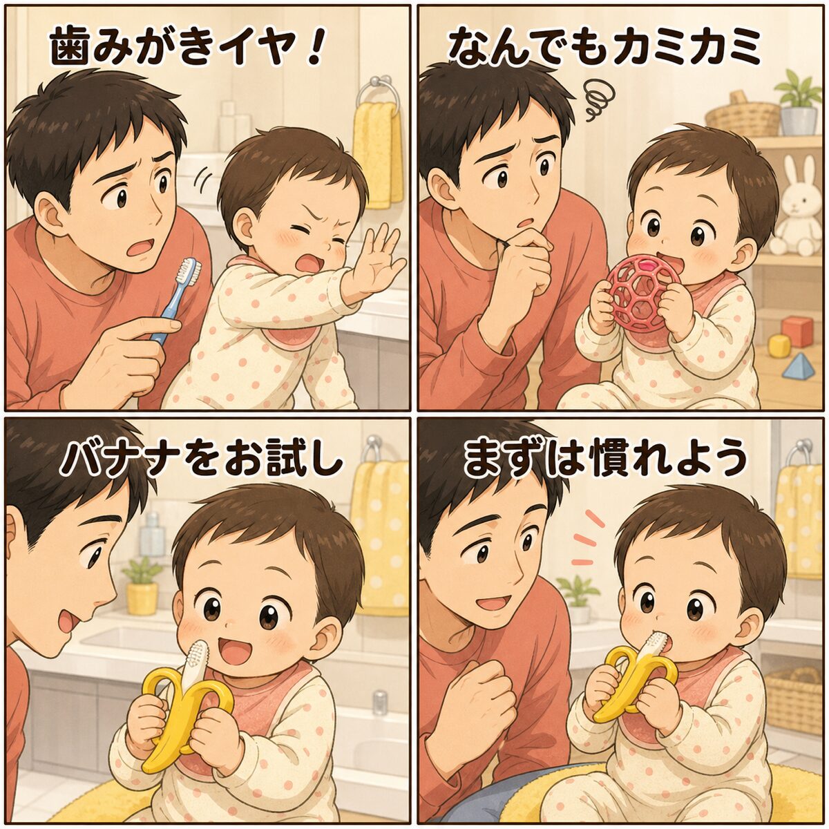 生後9ヶ月の赤ちゃんが歯磨きを嫌がり、バナナ型歯ブラシに慣れていく4コマ漫画