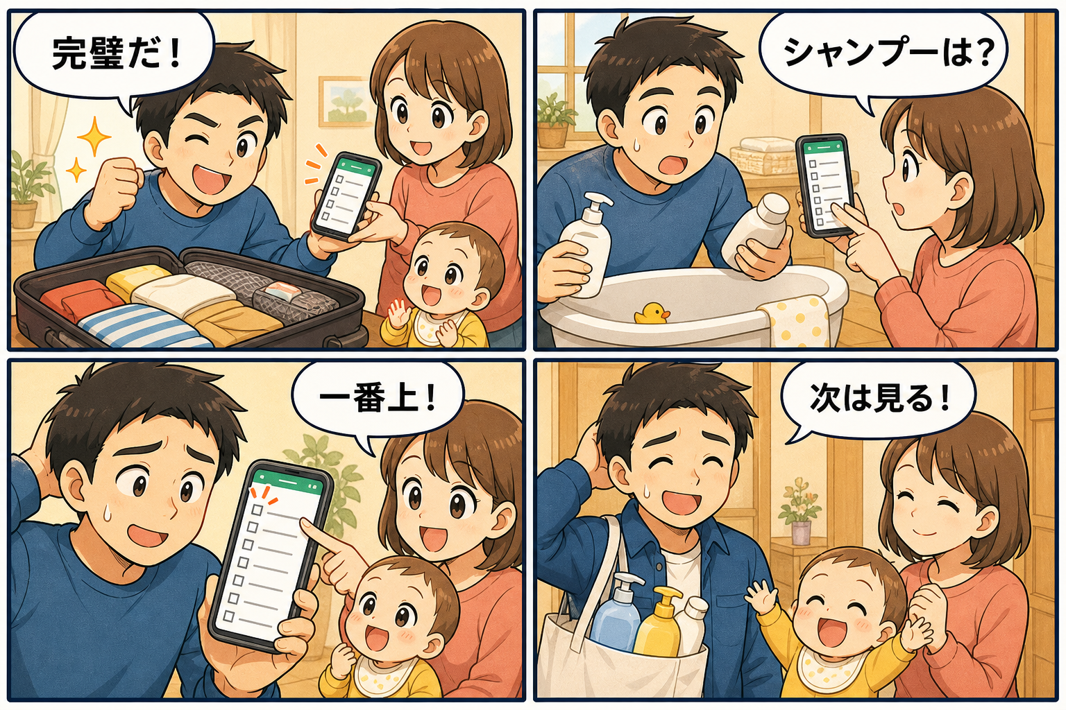 持ち物リストを確認せず赤ちゃん用シャンプーを忘れた帰省の4コマ漫画