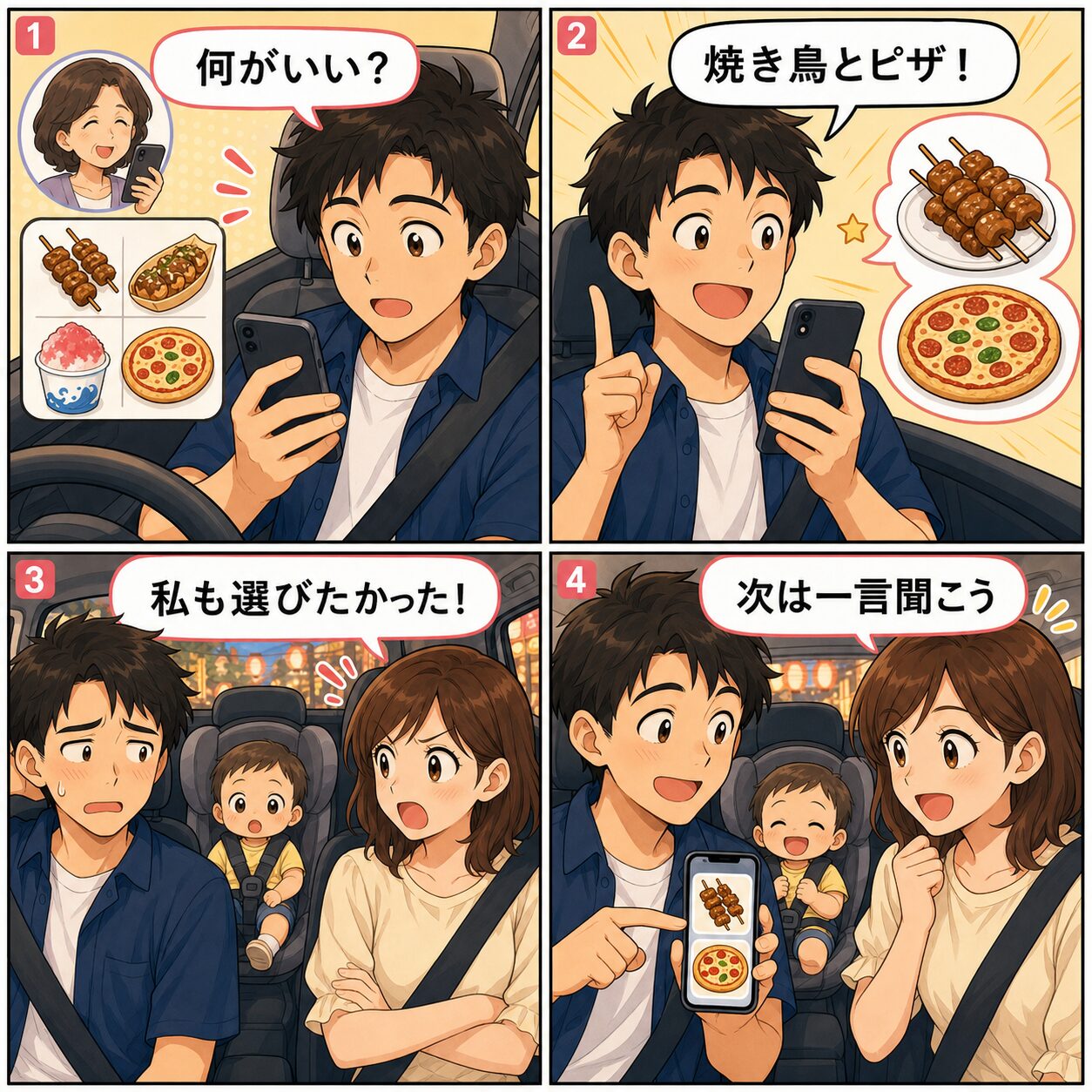 お祭りの食事を勝手に決めて妻に怒られ、一言相談する大切さを学んだ4コマ漫画